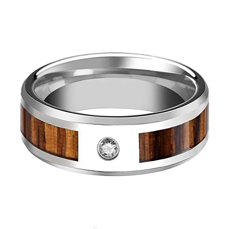 Saber | Silver Tungsten Ring, Zebra Wood Inlay, Beveled 2