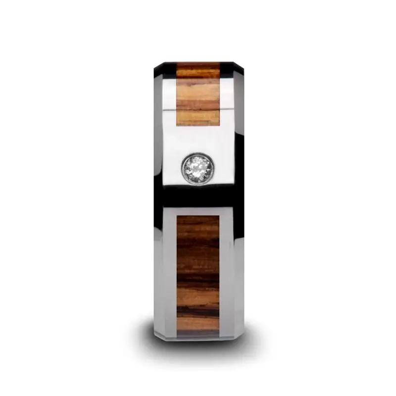 Saber | Silver Tungsten Ring, Zebra Wood Inlay, Beveled 3