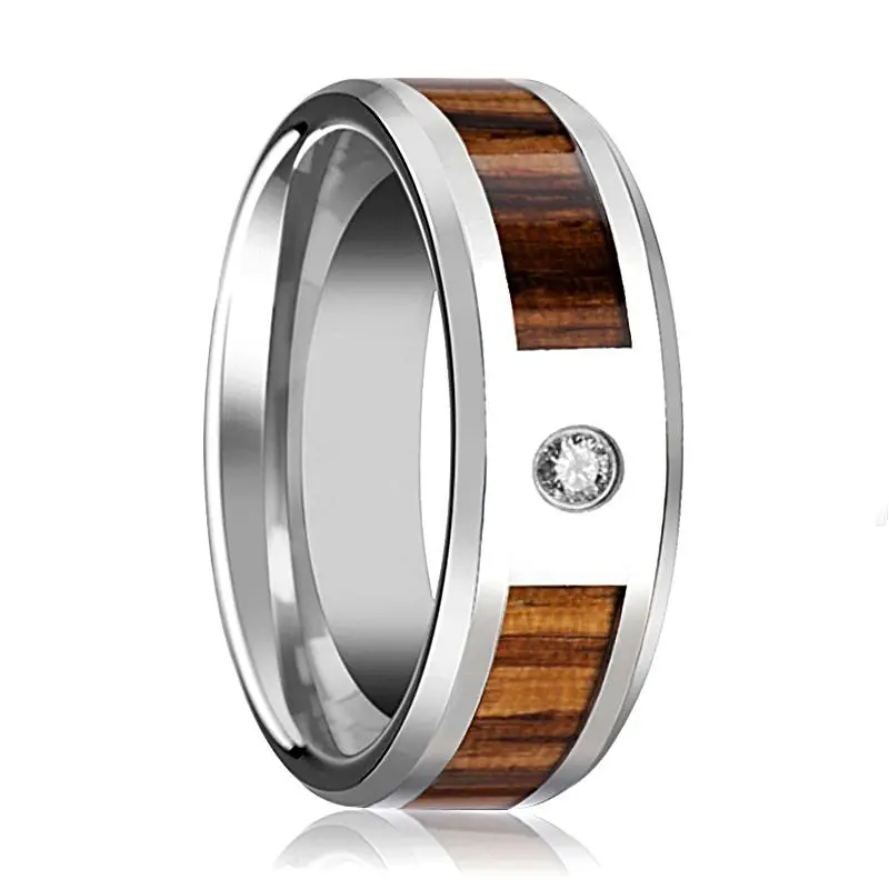 Saber | Silver Tungsten Ring, Zebra Wood Inlay, Beveled 1