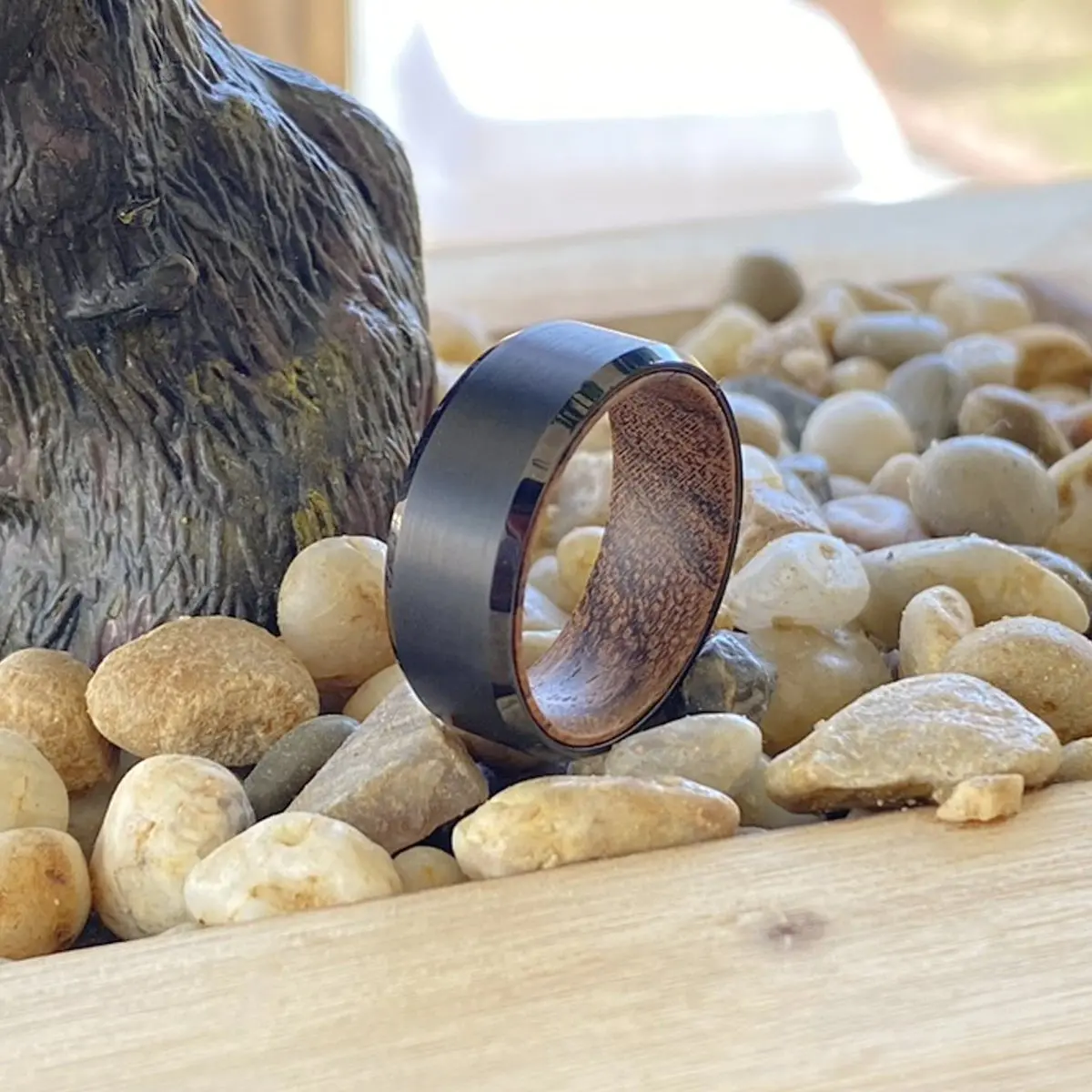 Sable | Bocote Wood, Black Tungsten Ring, Brushed, Beveled 6