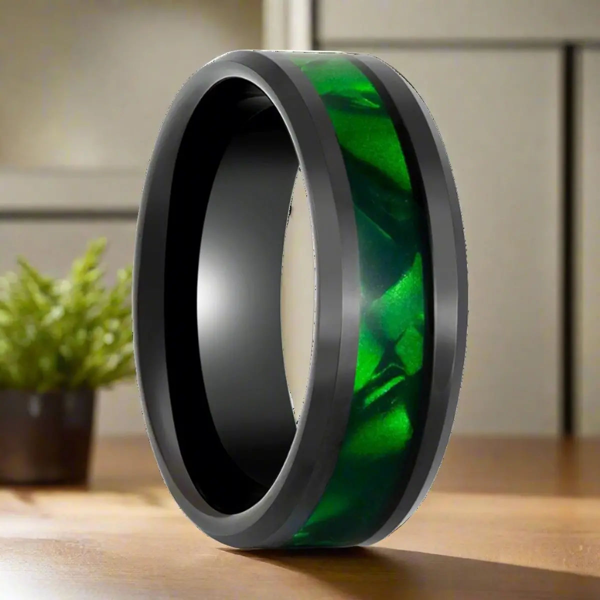 Sabre | Black Tungsten Ring, Green Mother Of Pearl Inlay, Beveled 1