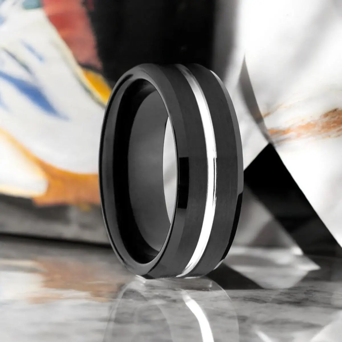 Sagan | Black Tungsten Ring, Silver Shiny Groove, Beveled 1