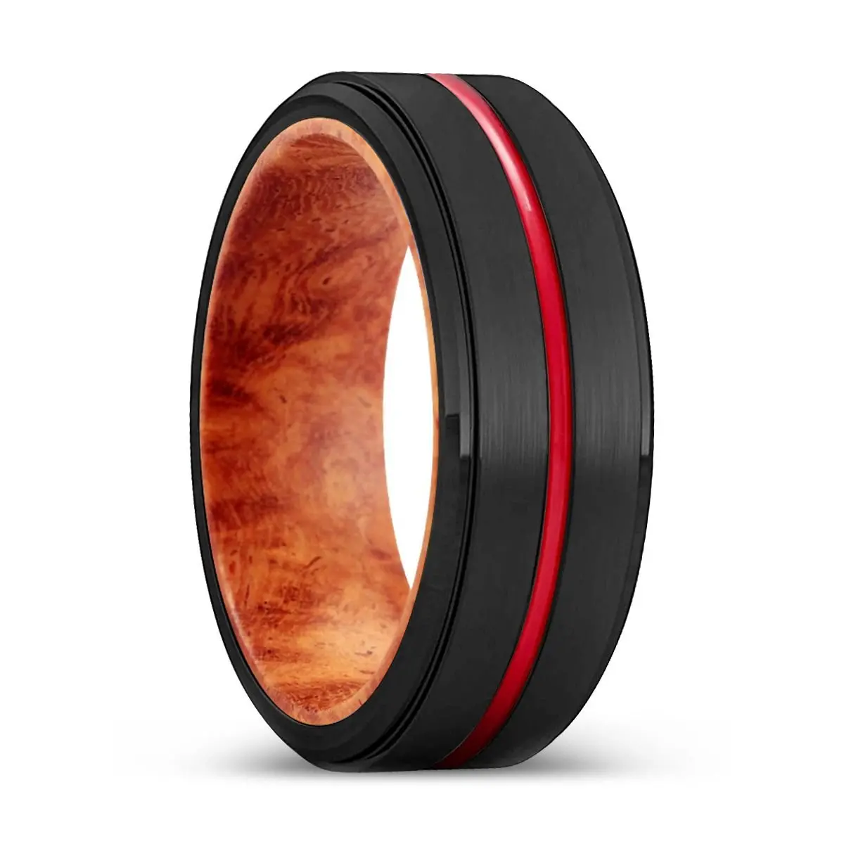 Sage | Red Burl Wood, Black Tungsten Ring, Red Groove, Stepped Edge 1