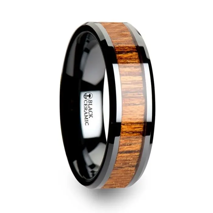 Sagon | Black Ceramic Ring, Teak Wood Inlay, Beveled 1