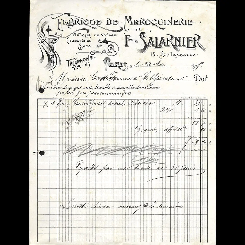 Salarnier - Facture De La Maison De Maroquinerie, 15 Rue Tiquetonne À Paris (1905) 1