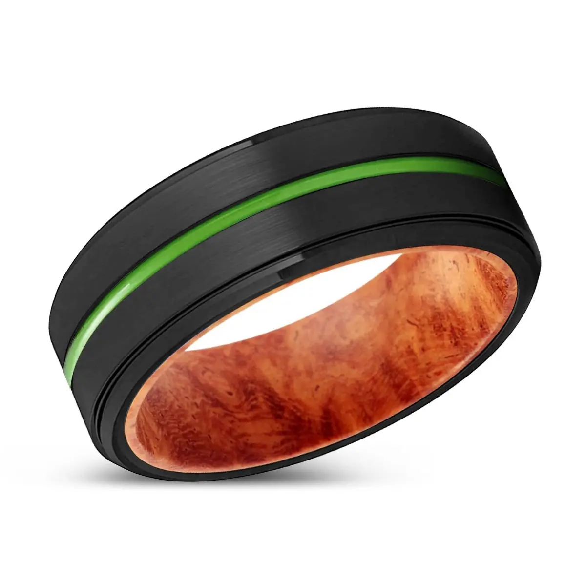 Salinas | Red Burl Wood, Black Tungsten Ring, Green Groove, Stepped Edge 2
