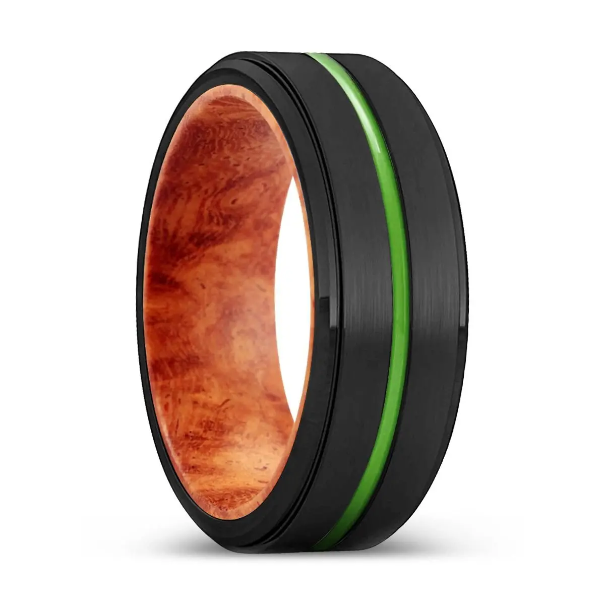 Salinas | Red Burl Wood, Black Tungsten Ring, Green Groove, Stepped Edge 1