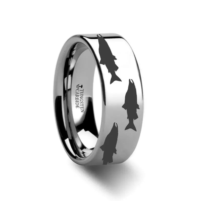 Salmon Fish Sea Pattern Print Flat Tungsten Wedding Band For Men And Women - 4Mm - 12Mm 1
