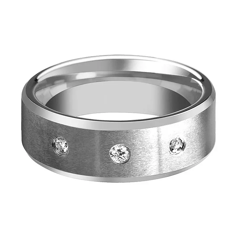 Samuel | Silver Tungsten Ring, 3 Diamonds, Beveled 2