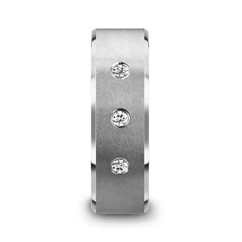Samuel | Silver Tungsten Ring, 3 Diamonds, Beveled 3