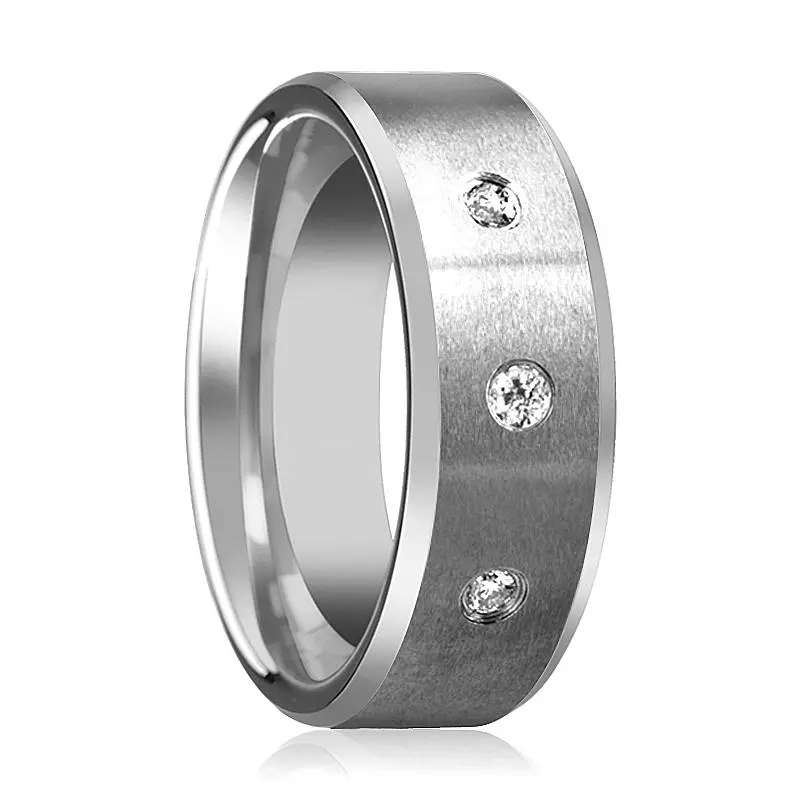 Samuel | Silver Tungsten Ring, 3 Diamonds, Beveled 1