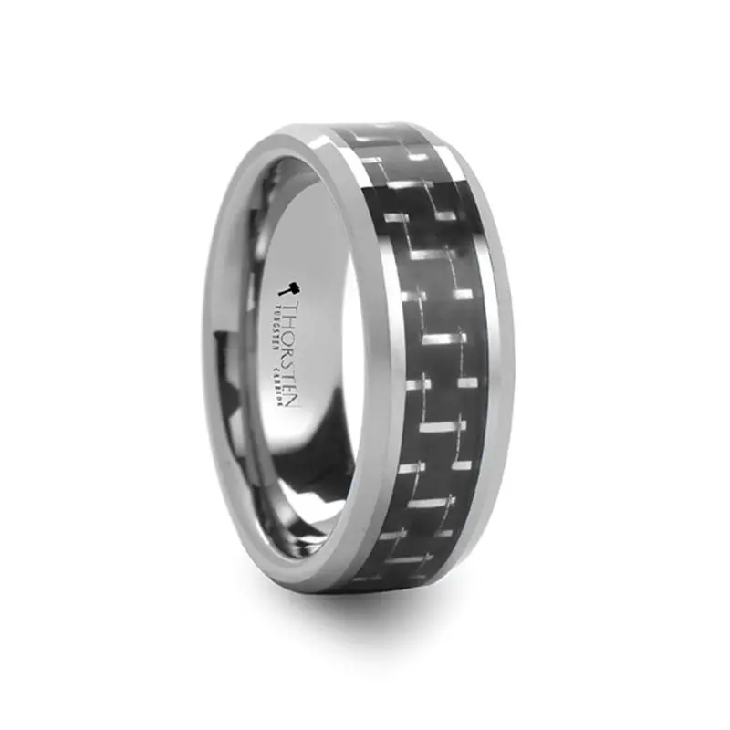San Diego | Silver Tungsten Ring, Black & Silver Carbon Fiber Inlay, Beveled 1