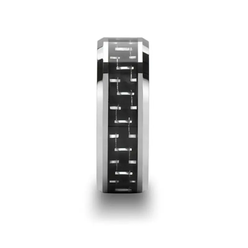 San Diego | Silver Tungsten Ring, Black & Silver Carbon Fiber Inlay, Beveled 2