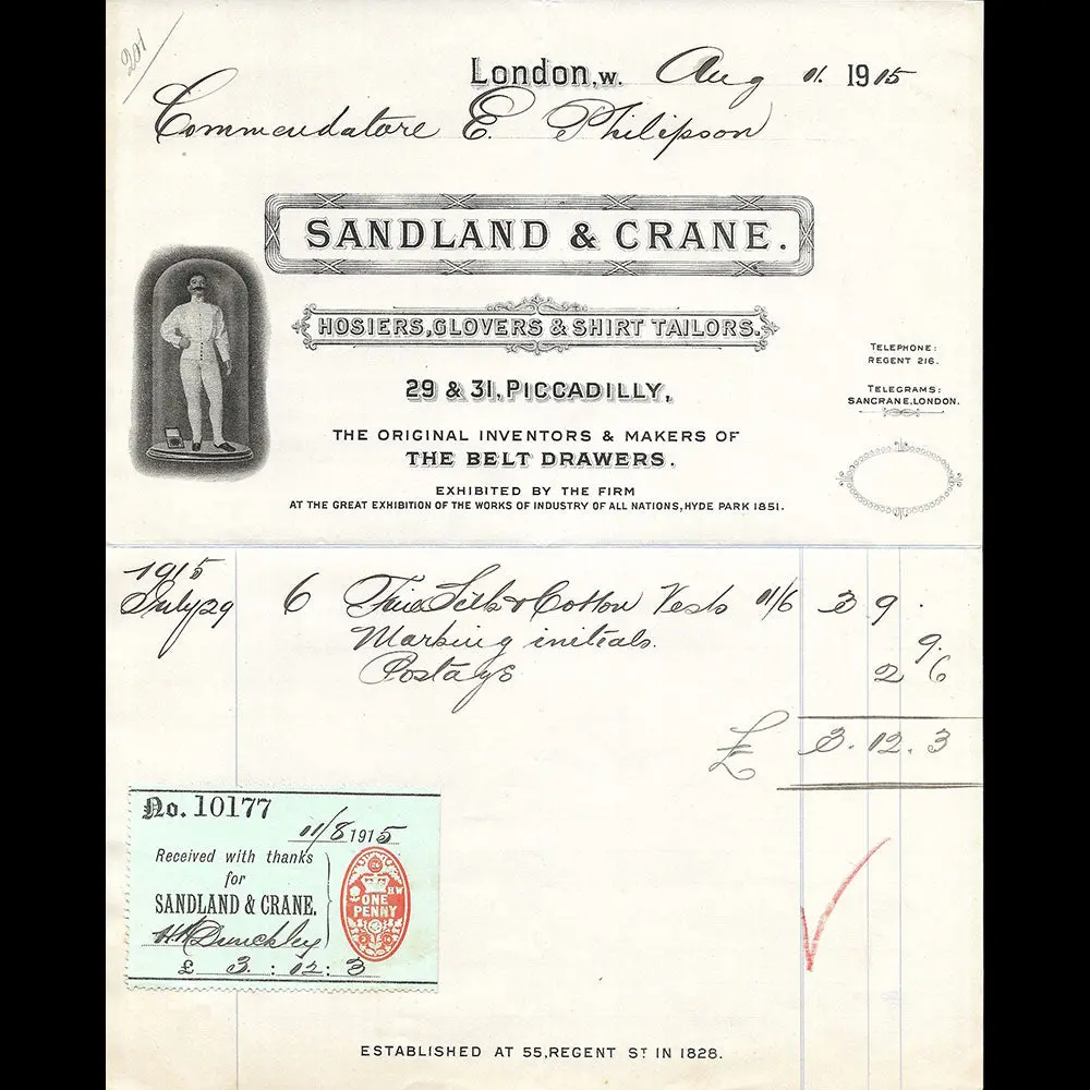 Sandland & Crane - Facture Du Chemisier, 29 & 31 Piccadilly London (1915) 1