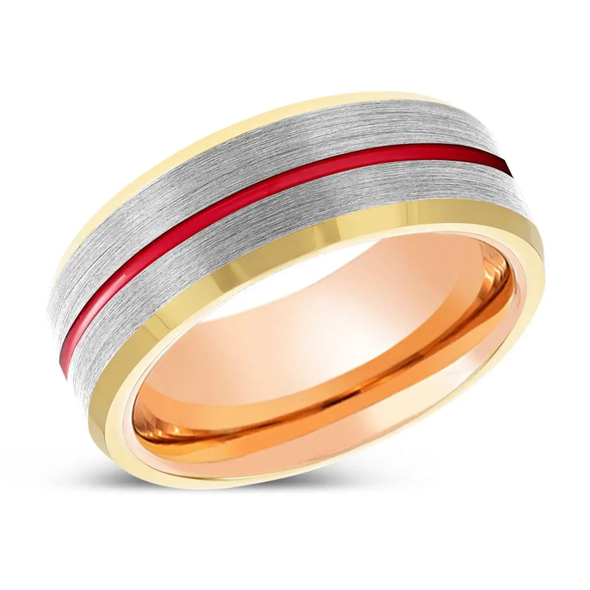 Sandman | Rose Gold Ring, Silver Tungsten Ring, Red Groove, Gold Beveled Edge 2