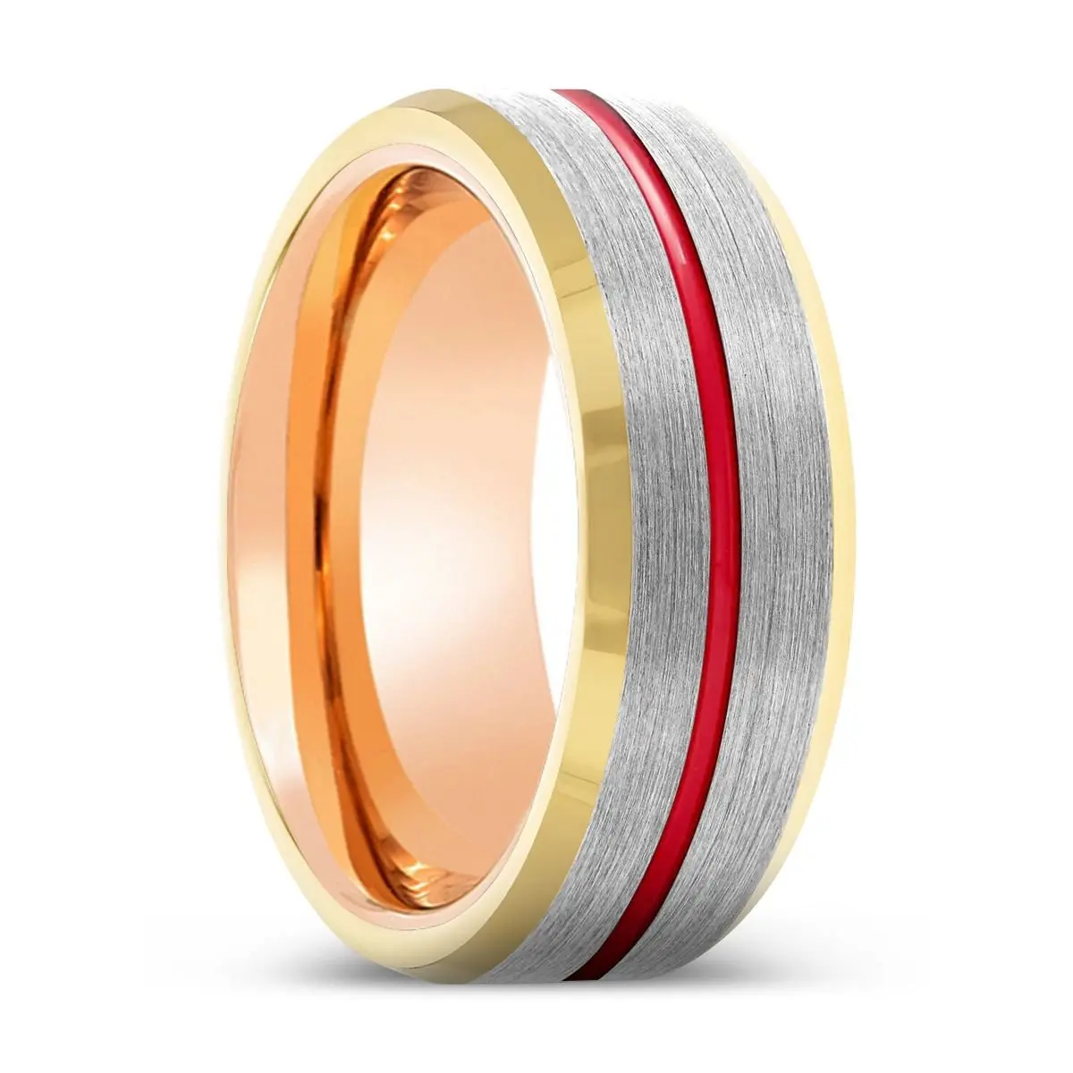 Sandman | Rose Gold Ring, Silver Tungsten Ring, Red Groove, Gold Beveled Edge 1