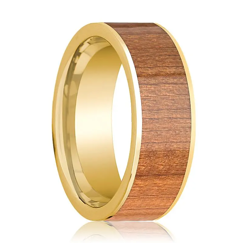 Sapele Wood Inlaid 14K Yellow Gold Flat Wedding Band For Men Polished Finish - 8Mm 1
