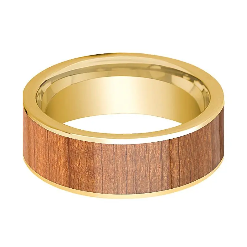 Sapele Wood Inlaid 14K Yellow Gold Flat Wedding Band For Men Polished Finish - 8Mm 2