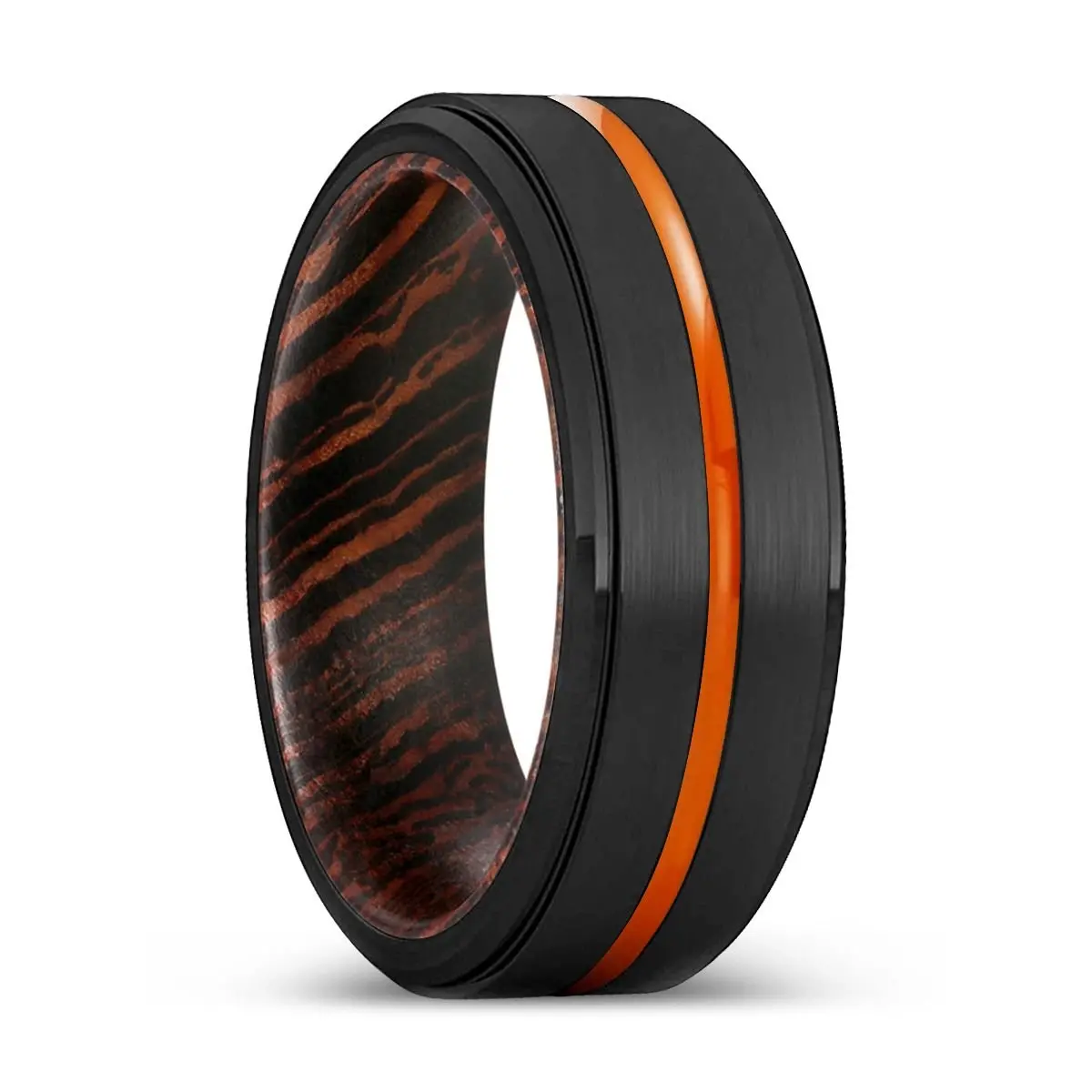Saskatoon | Wenge Wood, Black Tungsten Ring, Orange Groove, Stepped Edge 1