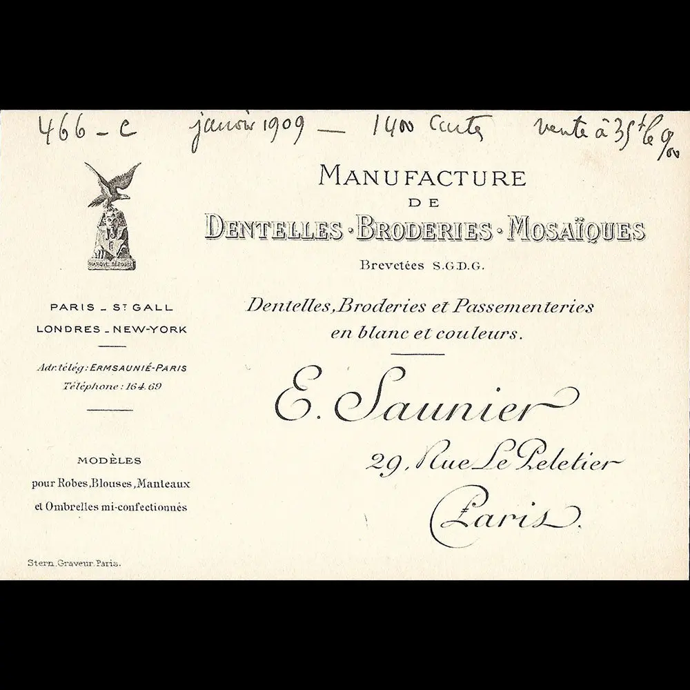 E. Saunier - Carte De La Manufacture De Dentelles Broderies Mosaïques, 29 Rue Le Peletier À Paris (1909) 1