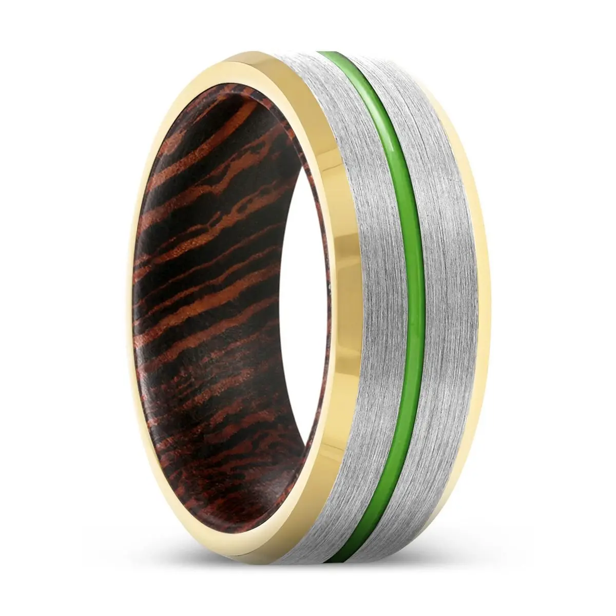 Savant | Wenge Wood, Silver Tungsten Ring, Green Groove, Gold Beveled Edge 1
