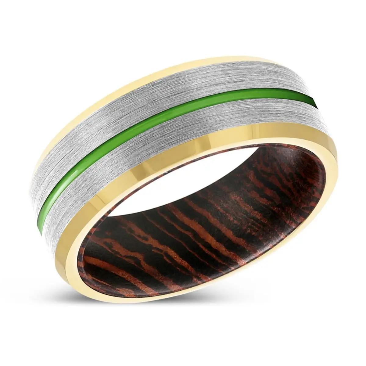 Savant | Wenge Wood, Silver Tungsten Ring, Green Groove, Gold Beveled Edge 2