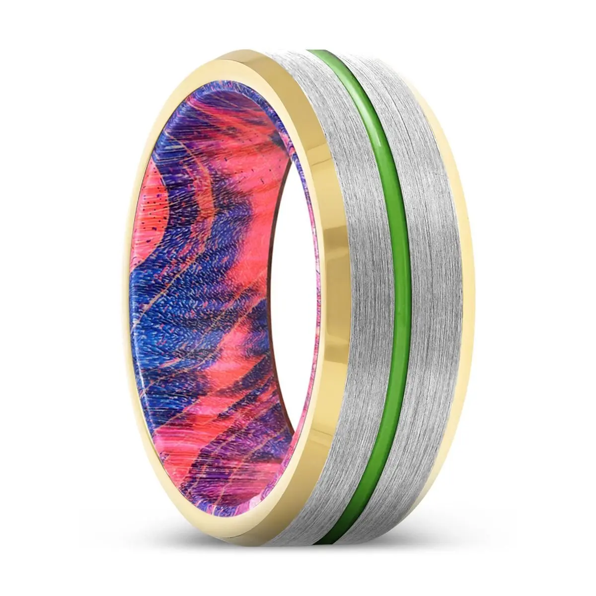Savino | Blue & Red Wood, Silver Tungsten Ring, Green Groove, Gold Beveled Edge 1
