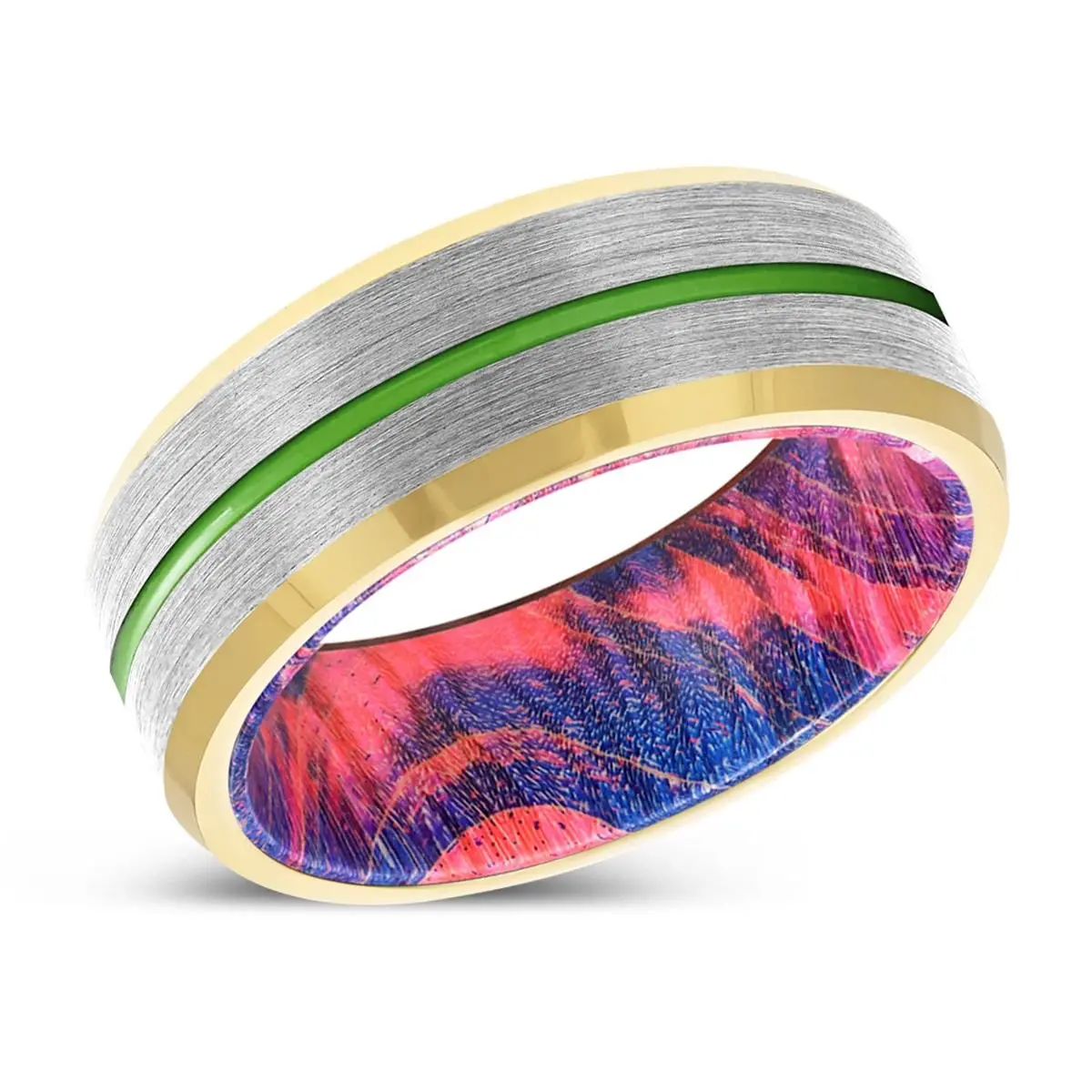 Savino | Blue & Red Wood, Silver Tungsten Ring, Green Groove, Gold Beveled Edge 2