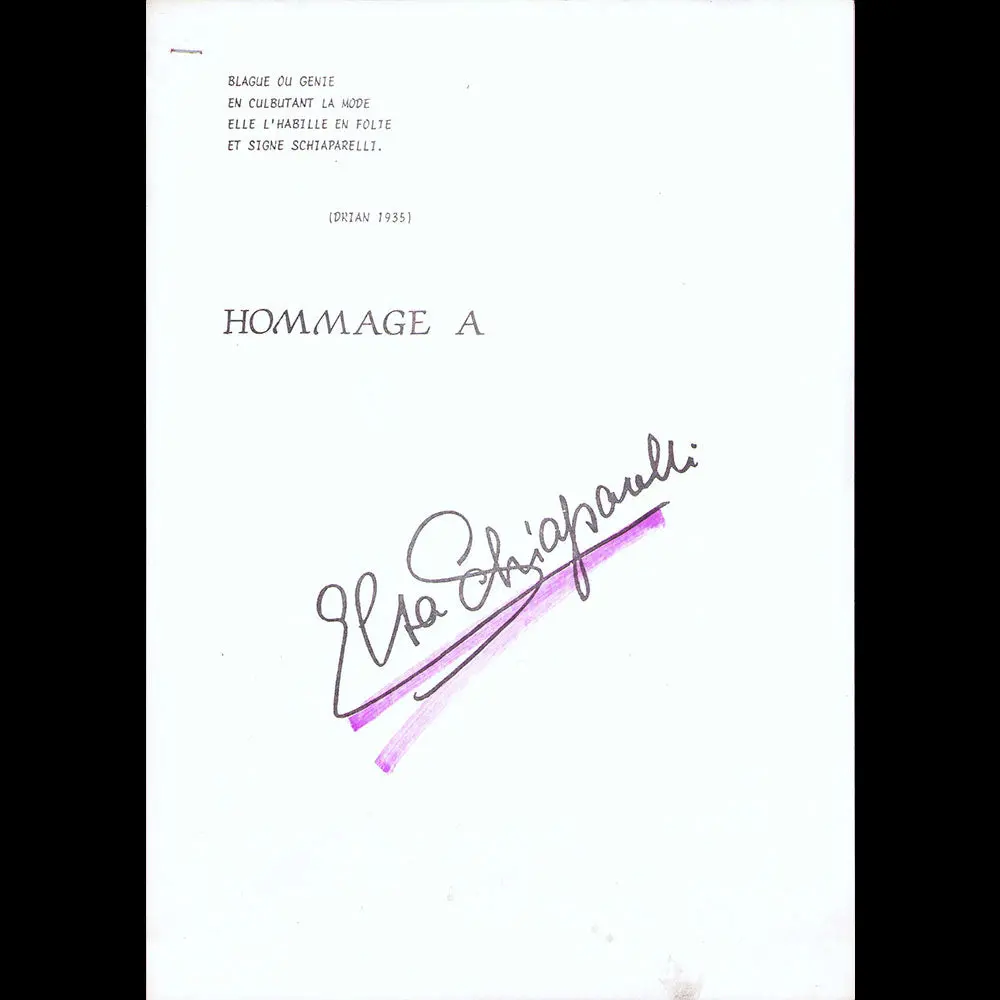 Hommage À Elsa Schiaparelli, Dossier De Presse (1984) 1