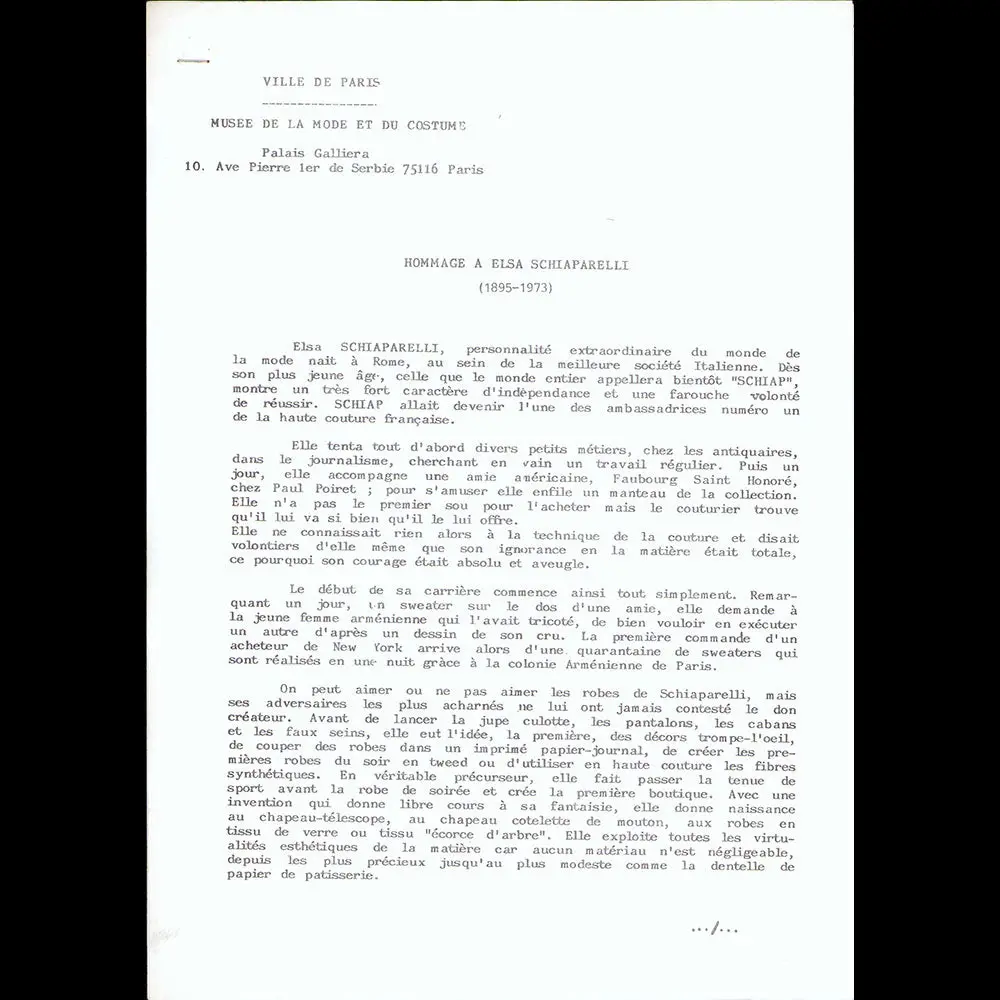 Hommage À Elsa Schiaparelli, Dossier De Presse (1984) 2