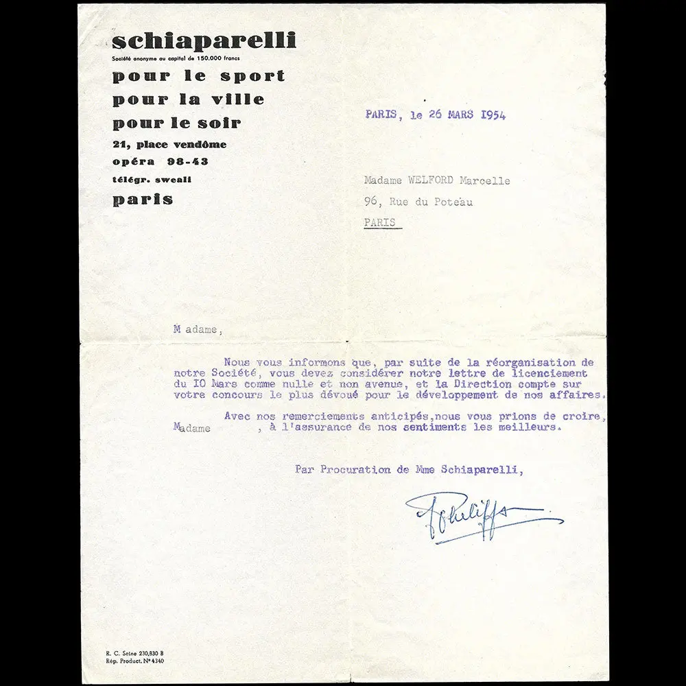 Schiaparelli - Lettre Adressée À Une Employée (1954) 1