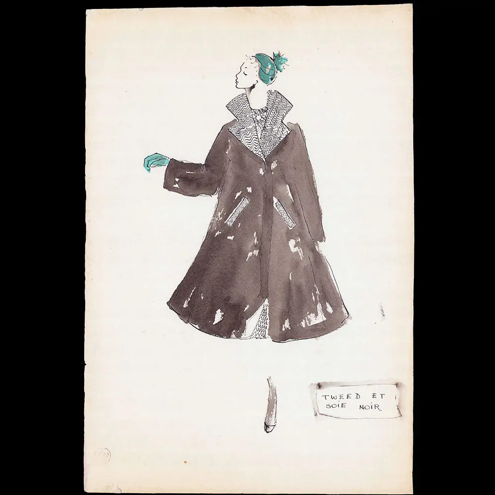 Serge Matta - Dessin De Manteau En Tweed Et Soie Noire Pour Schiaparelli (1950-1954) 1