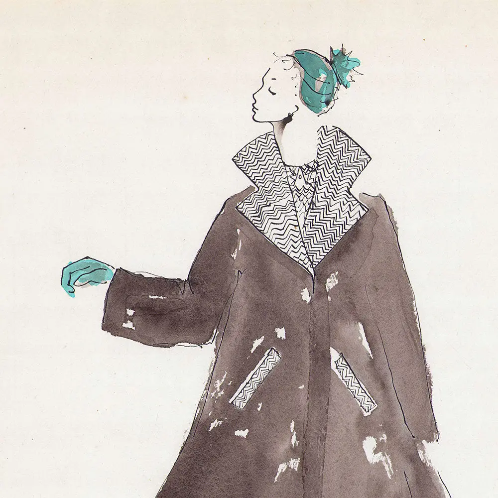 Serge Matta - Dessin De Manteau En Tweed Et Soie Noire Pour Schiaparelli (1950-1954) 2