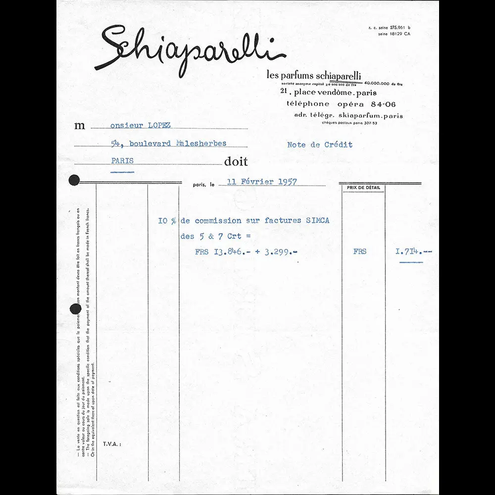 Schiaparelli Parfums - Lettre De La Maison De Parfums, 21 Place Vendôme À Paris (1957) 1