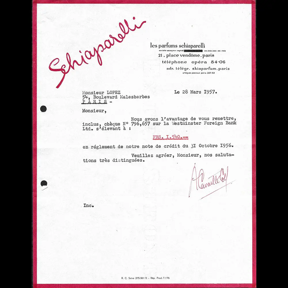 Schiaparelli Parfums - Lettre De La Maison De Parfums, 21 Place Vendôme À Paris (1957) 1