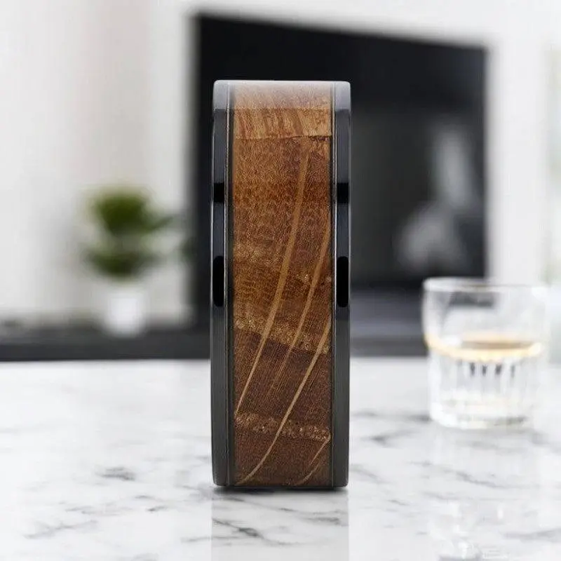 Scotch | Black Ceramic Ring, Whiskey Barrel Wood Inlay, Flat Polished Edges 4