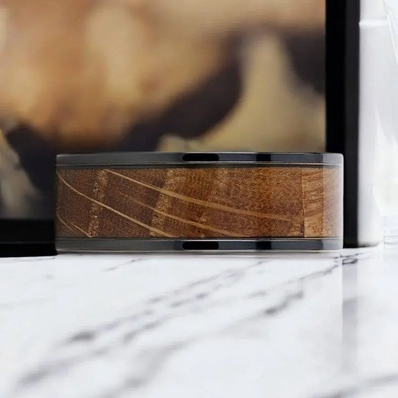Scotch | Black Ceramic Ring, Whiskey Barrel Wood Inlay, Flat Polished Edges 3