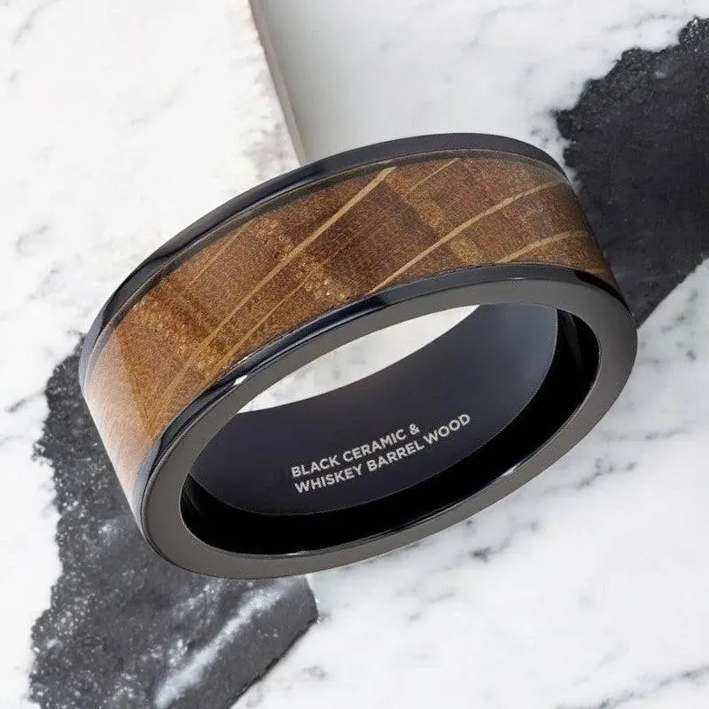 Scotch | Black Ceramic Ring, Whiskey Barrel Wood Inlay, Flat Polished Edges 2