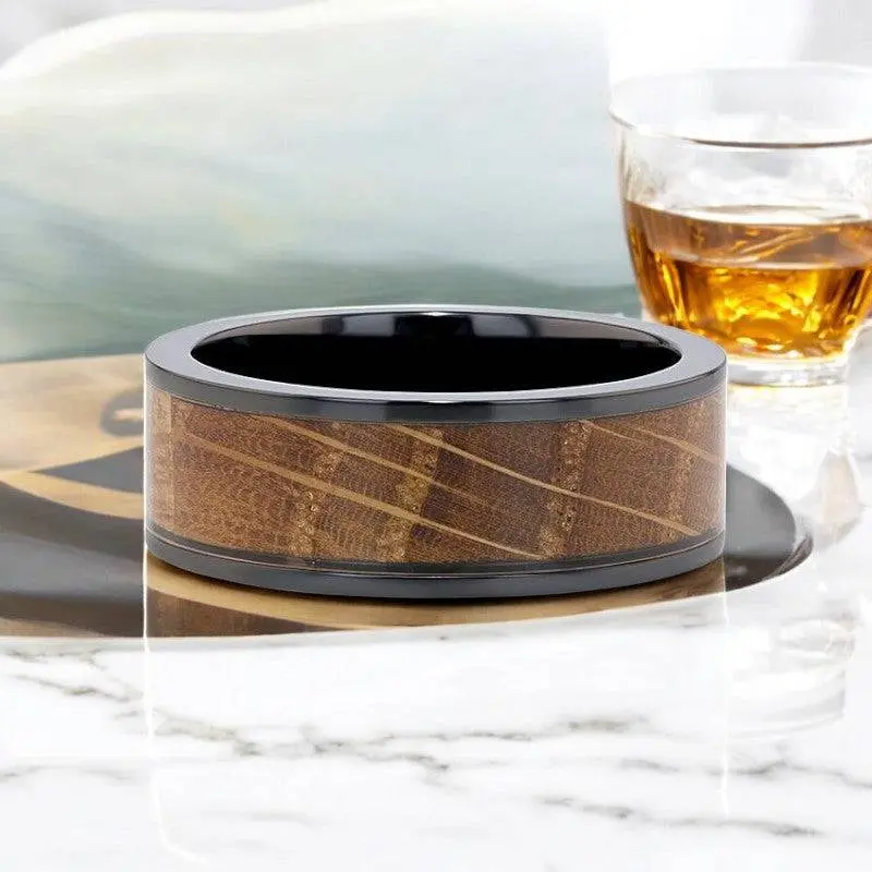Scotch | Black Ceramic Ring, Whiskey Barrel Wood Inlay, Flat Polished Edges 5