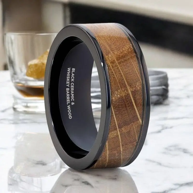 Scotch | Black Ceramic Ring, Whiskey Barrel Wood Inlay, Flat Polished Edges 1