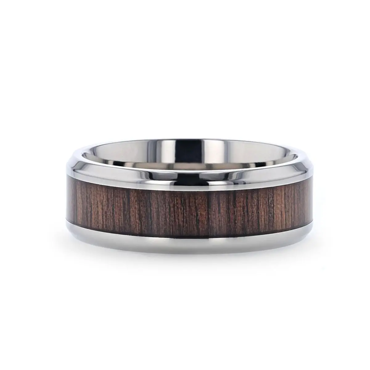 Scotia | Silver Titanium Ring, Black Walnut Wood Inlay, Beveled 3