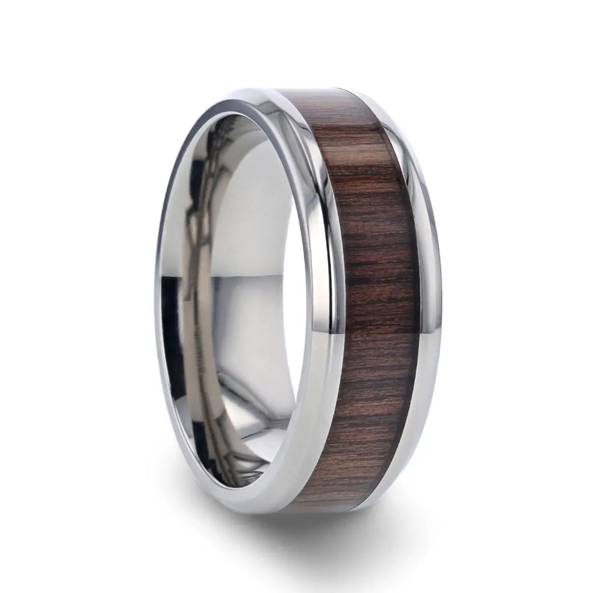 Scotia | Silver Titanium Ring, Black Walnut Wood Inlay, Beveled 1
