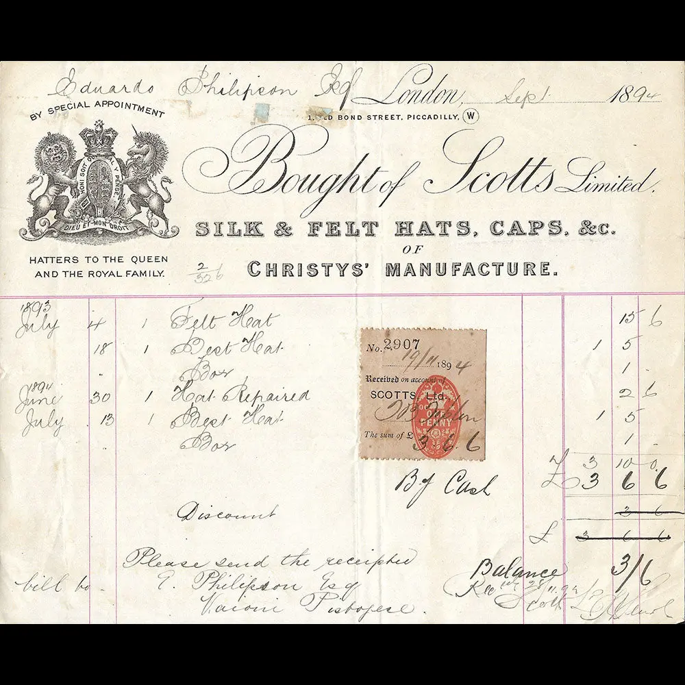 Scotts - Facture De La Maison De Chapellerie, 1 Old Bond Street, London (1894) 1