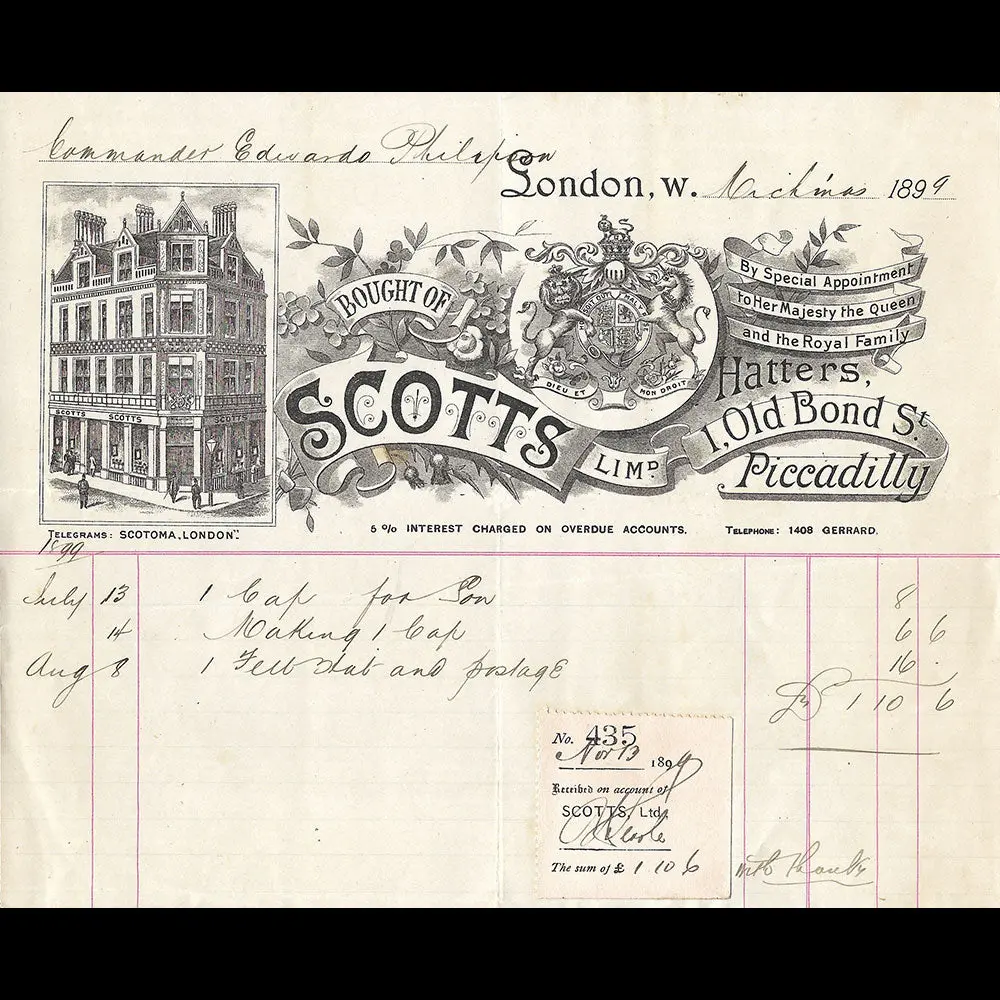 Scotts - Facture De La Maison De Chapellerie, 1 Old Bond Street, London (1899) 1