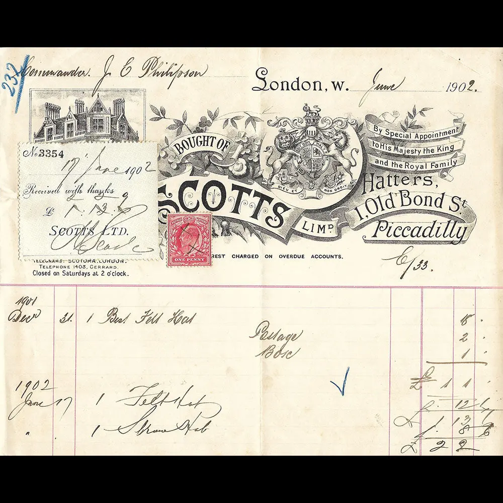 Scotts - Facture De La Maison De Chapellerie, 1 Old Bond Street, London (1902) 1