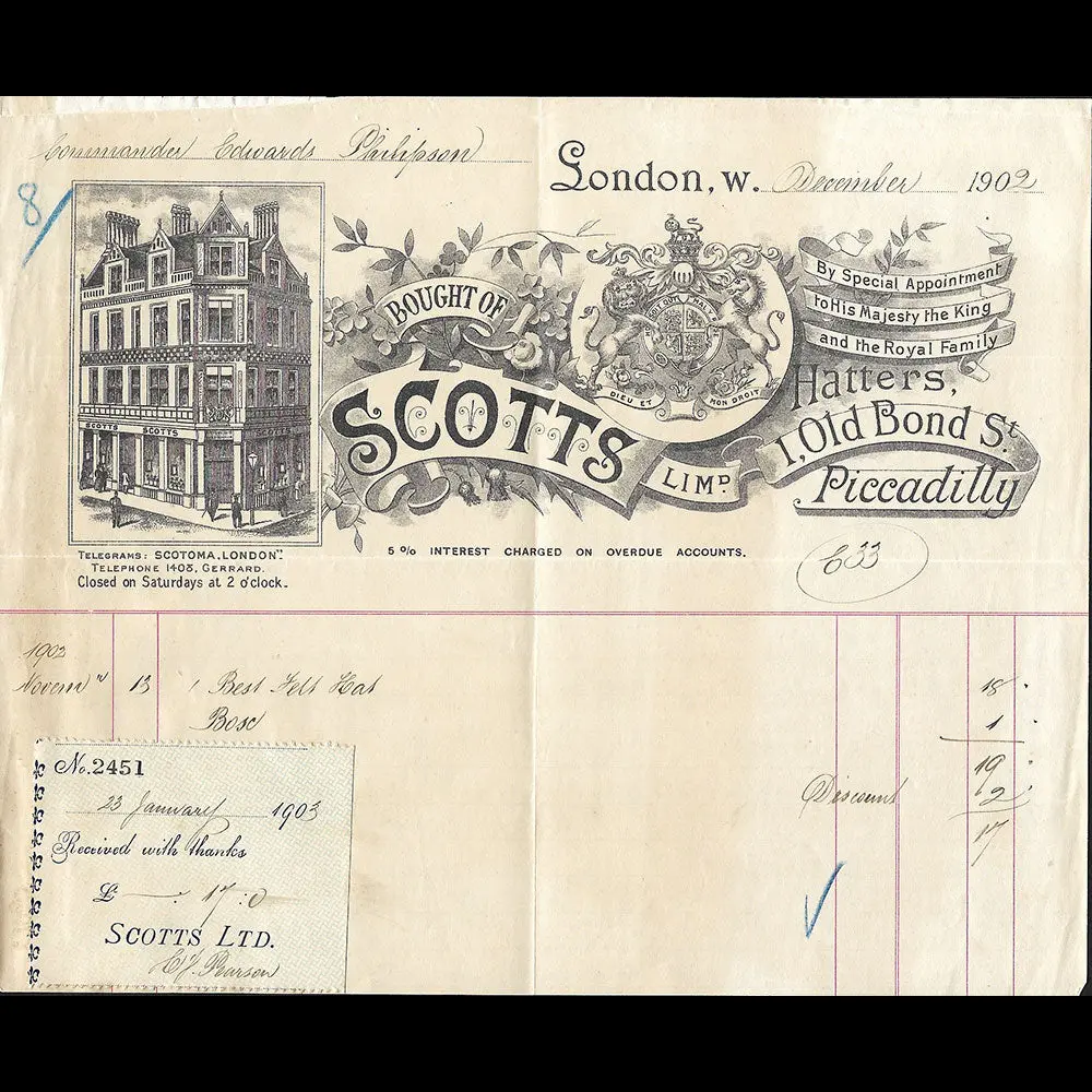 Scotts - Facture De La Maison De Chapellerie, 1 Old Bond Street, London (1902) 1