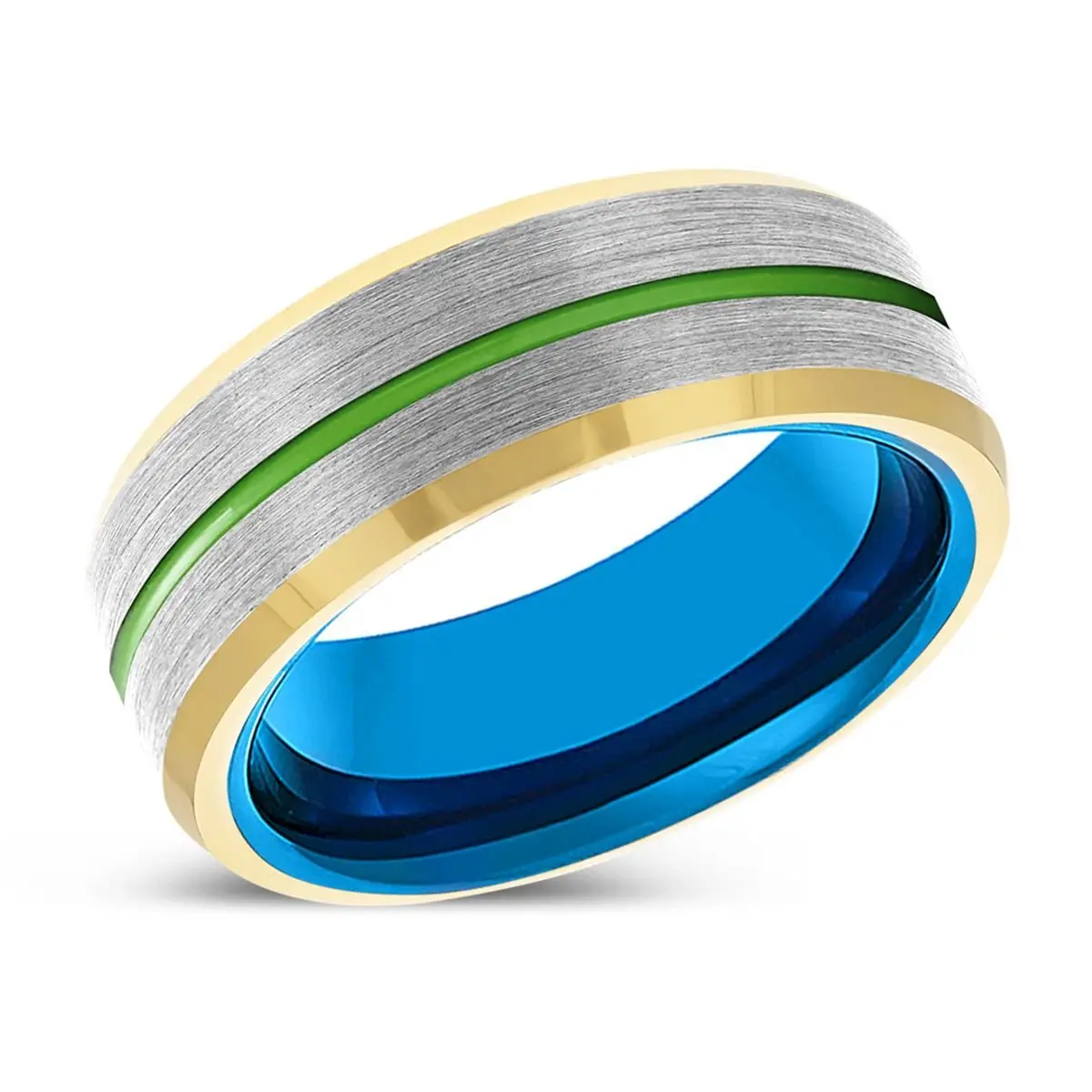 Sentinel | Blue Tungsten Ring, Silver Tungsten Ring, Green Groove, Gold Beveled Edge 2