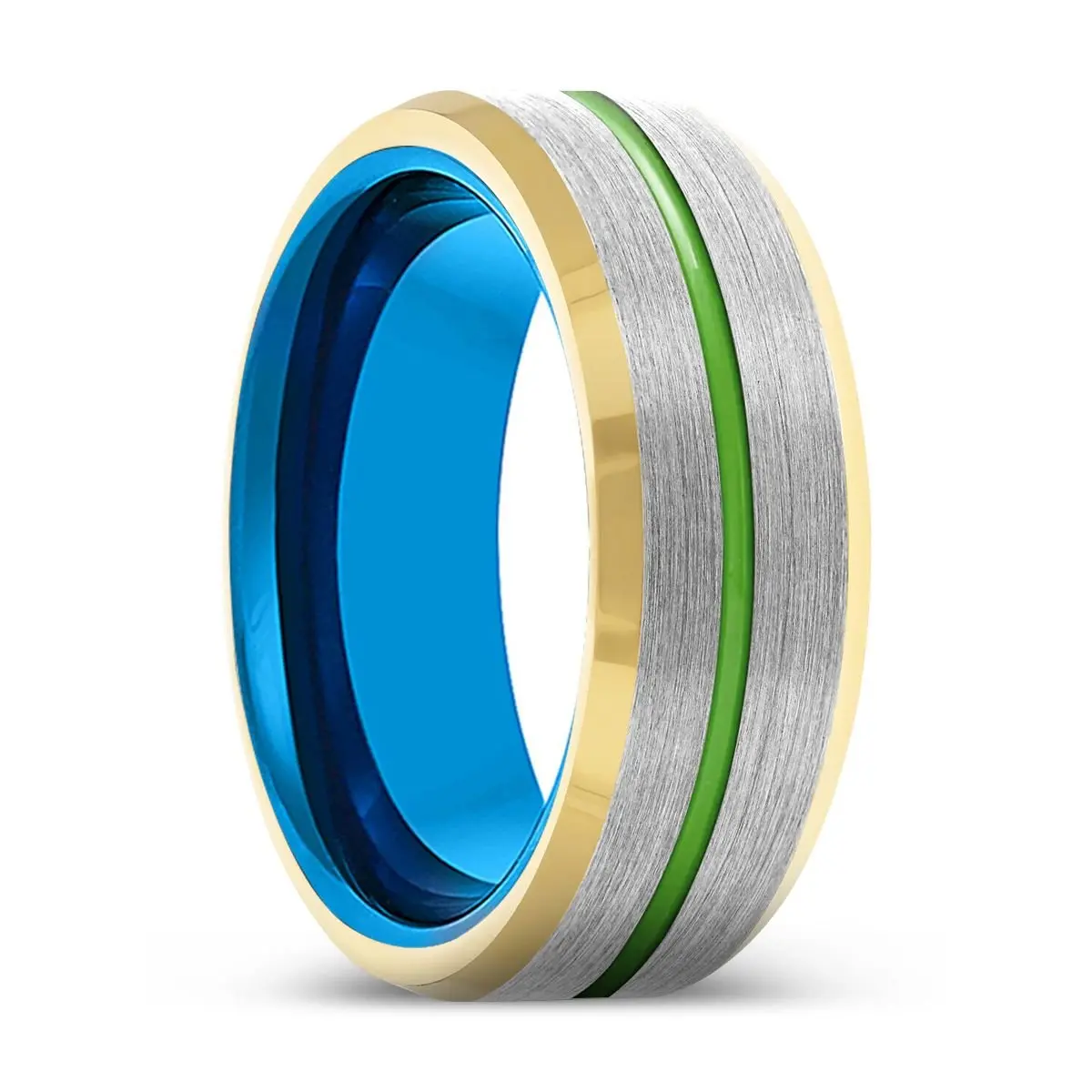 Sentinel | Blue Tungsten Ring, Silver Tungsten Ring, Green Groove, Gold Beveled Edge 1
