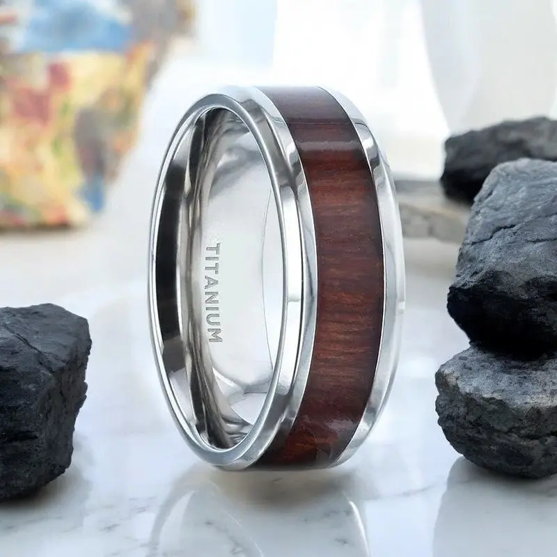 Sequoia | Titanium Ring, Redwood Inlay, Polished Beveled Edges 1