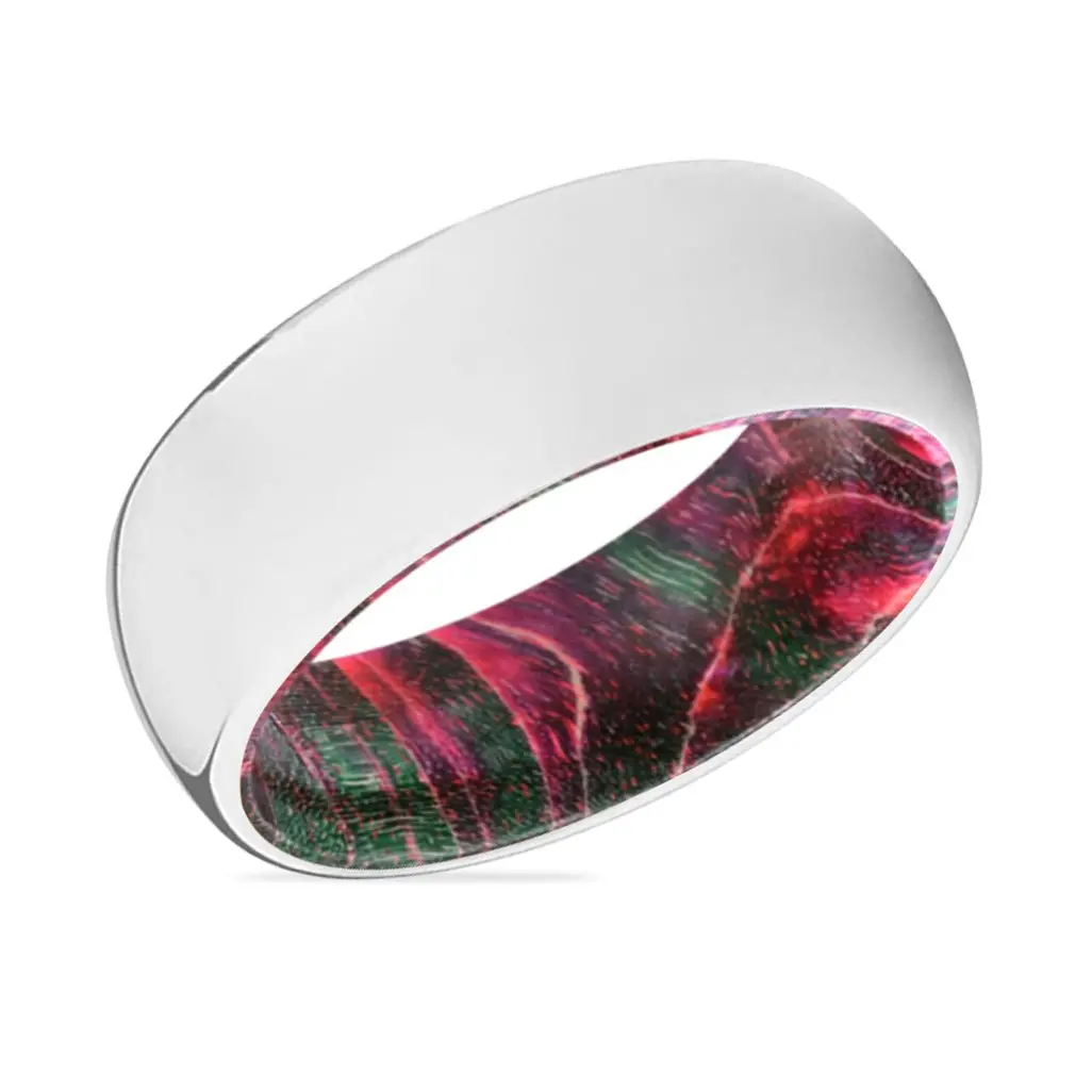 Serenity | Green & Red Wood, Silver Tungsten Ring, Shiny, Domed 2